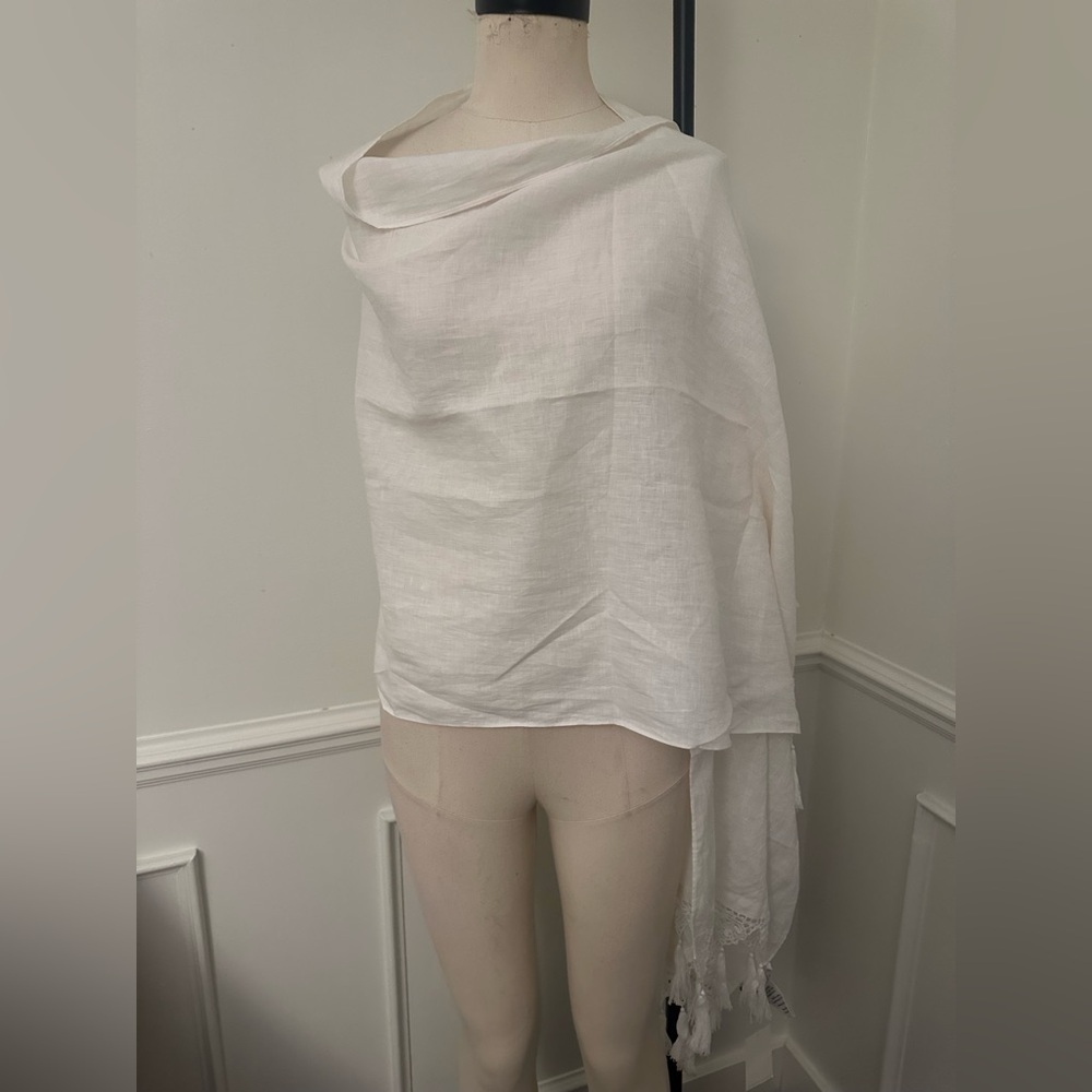 CAbi White Linen Shawl with Crochet Detail